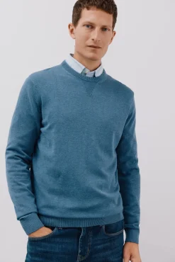 Cortefiel Camisolas-Malha de gola redonda de algodão de malha fina Azul