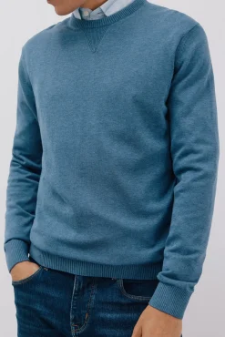 Cortefiel Camisolas-Malha de gola redonda de algodão de malha fina Azul