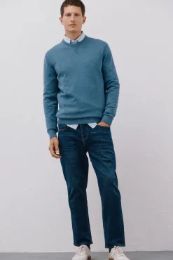 Cortefiel Camisolas-Malha de gola redonda de algodão de malha fina Azul