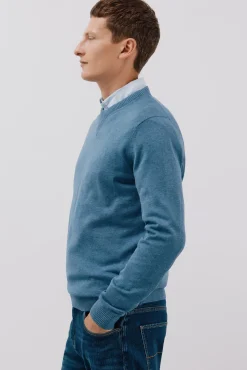 Cortefiel Camisolas-Malha de gola redonda de algodão de malha fina Azul