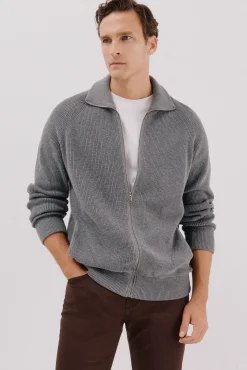 Cortefiel Camisolas-Malha de malha de algodão com fecho de fecho-éclair Cinzento
