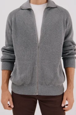 Cortefiel Camisolas-Malha de malha de algodão com fecho de fecho-éclair Cinzento