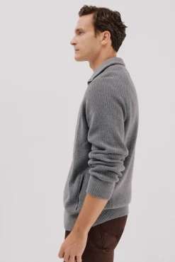 Cortefiel Camisolas-Malha de malha de algodão com fecho de fecho-éclair Cinzento