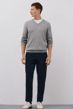 Cortefiel Camisolas-Malha de malha fina de algodão com gola em bico Cinzento