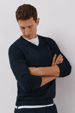 Cortefiel Camisolas-Malha de malha fina de algodão com gola em bico Azul