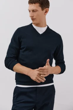 Cortefiel Camisolas-Malha de malha fina de algodão com gola em bico Azul