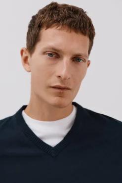 Cortefiel Camisolas-Malha de malha fina de algodão com gola em bico Azul