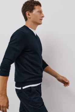 Cortefiel Camisolas-Malha de malha fina de algodão com gola em bico Azul