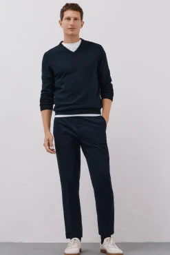 Cortefiel Camisolas-Malha de malha fina de algodão com gola em bico Azul