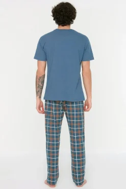 Trendyol Pijamas-Malha de pijama de malha xadrez marinho com corte regular azul