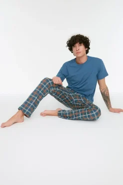 Trendyol Pijamas-Malha de pijama de malha xadrez marinho com corte regular azul