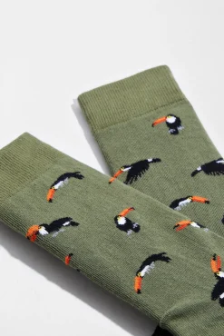 Besocks Meias|Meias-Meias Tucano até o joelho, feitas de algodão orgânico, na cor verde cáqui estampado