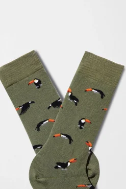 Besocks Meias|Meias-Meias Tucano até o joelho, feitas de algodão orgânico, na cor verde cáqui estampado