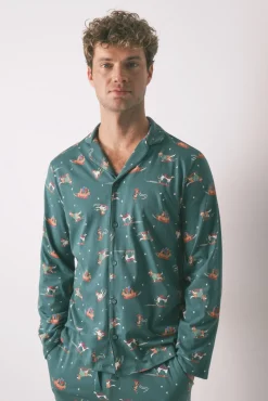 Women'secret Pijamas-Pijama camisa com estampado com cães 100% algodão verde