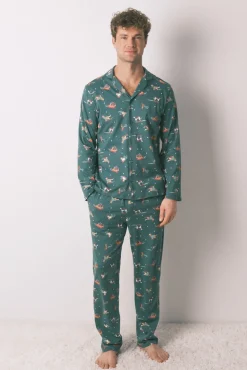 Women'secret Pijamas-Pijama camisa com estampado com cães 100% algodão verde