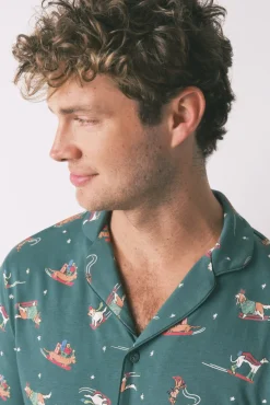 Women'secret Pijamas-Pijama camisa com estampado com cães 100% algodão verde