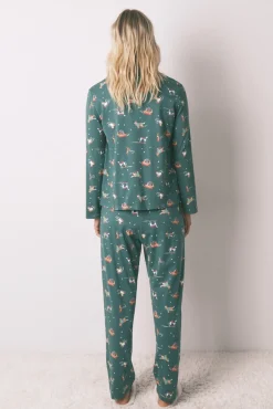 Women'secret Pijamas-Pijama camisa com estampado com cães, 100% algodão verde