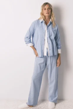 Women'secret Pijamas-Pijama camisa às riscas, 100% algodão azul