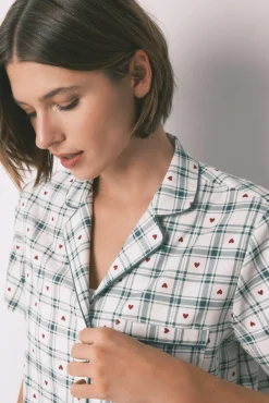 Women'secret Pijamas-Pijama camiseiro de algodão xadrez verde