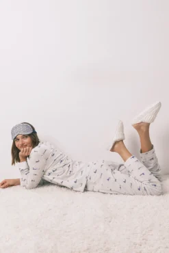 Women'secret Pijamas-Pijama camiseiro longo 100% algodão cinza com estampa de casa cinzento