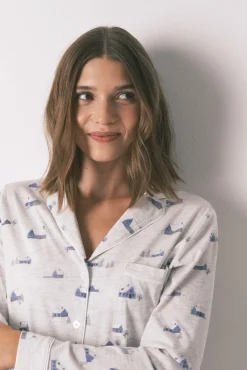 Women'secret Pijamas-Pijama camiseiro longo 100% algodão cinza com estampa de casa cinzento