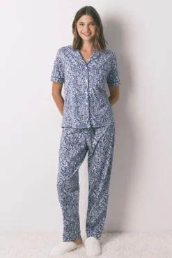 Women'secret Pijamas-Pijama camiseiro longo 100% algodão com estampa floral azul