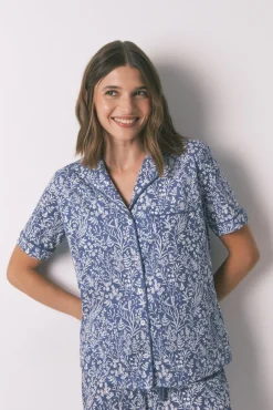 Women'secret Pijamas-Pijama camiseiro longo 100% algodão com estampa floral azul