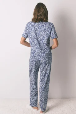 Women'secret Pijamas-Pijama camiseiro longo 100% algodão com estampa floral azul