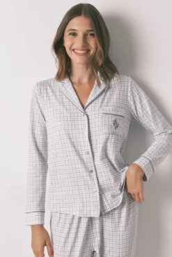 Women'secret Pijamas-Pijama camiseiro longo xadrez com efeito brilhante azul