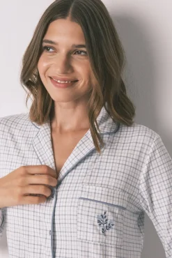 Women'secret Pijamas-Pijama camiseiro longo xadrez com efeito brilhante azul