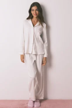 Women'secret Pijamas-Pijama camiseiro riscas branca bege