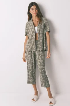Women'secret Pijamas-Pijama capri de viscose com flores cáqui bege