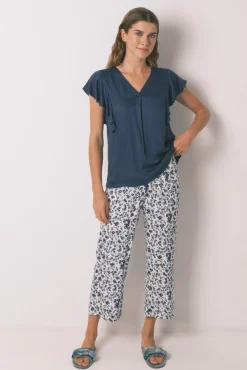 Women'secret Pijamas-Pijama Capri de viscose floral azul