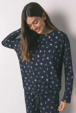 Women'secret Pijamas-Pijama comprido 100% algodão estampado sapinhos azul