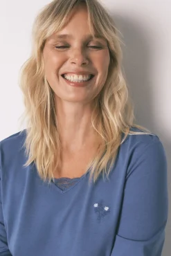 Women'secret Pijamas-Pijama comprido 100% algodão com estampa floral azul