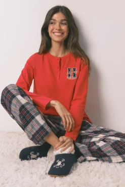 Women'secret Pijamas-Pijama comprido 100% algodão estampado xadrez "Hogwarts" vermelho