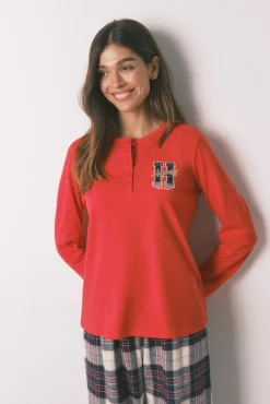 Women'secret Pijamas-Pijama comprido 100% algodão estampado xadrez "Hogwarts" vermelho