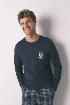 Women'secret Pijamas-Pijama comprido, 100% algodão, xadrez cinzento