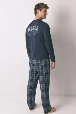 Women'secret Pijamas-Pijama comprido, 100% algodão, xadrez cinzento