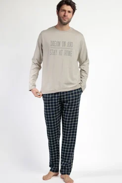Admas Pijamas-Pijama comprido azul e xadrez para homem bege
