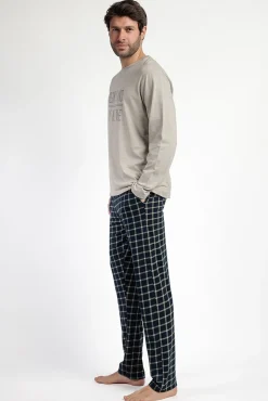 Admas Pijamas-Pijama comprido azul e xadrez para homem bege