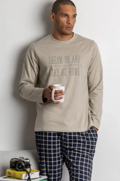 Admas Pijamas-Pijama comprido azul e xadrez para homem bege