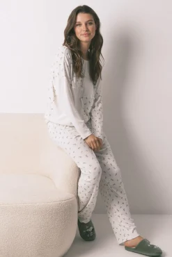 Women'secret Pijamas-Pijama comprido canelado Mafalda branco bege