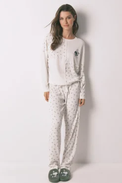 Women'secret Pijamas-Pijama comprido canelado Mafalda branco bege