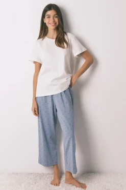 Women'secret Pijamas-Pijama comprido com mangas curtas e estampado floral bege