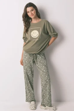 Women'secret Pijamas-Pijama comprido cáqui Smiley 100% algodão bege