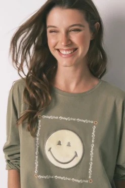 Women'secret Pijamas-Pijama comprido cáqui Smiley 100% algodão bege