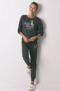 Women'secret Pijamas-Pijama comprido de algodão cinza Bugs Bunny cinzento