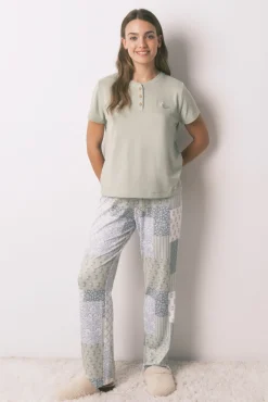 Women'secret Pijamas-Pijama comprido de mangas curtas patchwork super macio verde