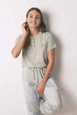 Women'secret Pijamas-Pijama comprido de mangas curtas patchwork super macio verde